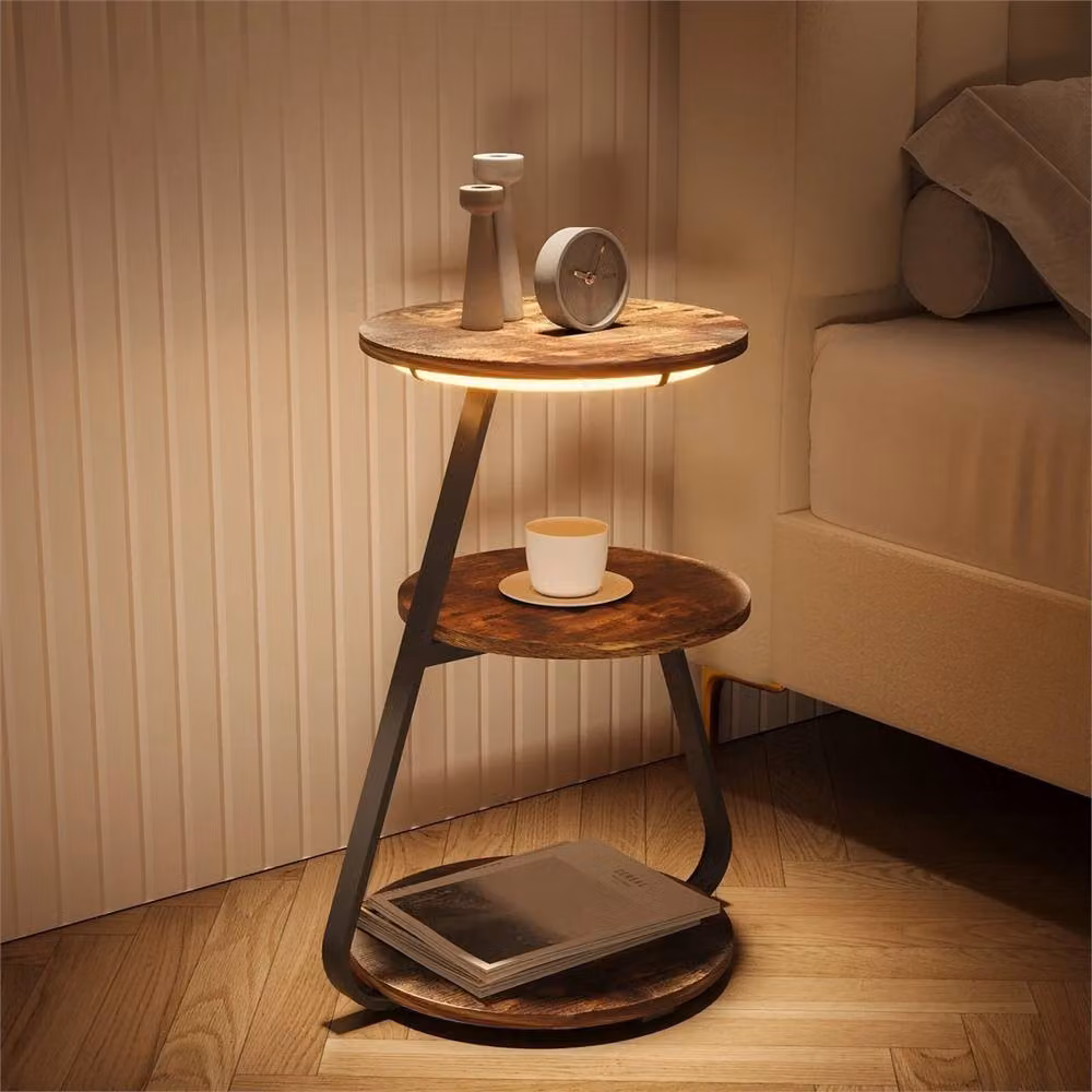 Havendro 3 Tier Bedside Table with LED Light in Brown – 3