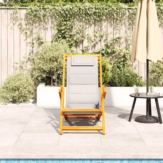 Berkfield Home Beautiful Folding Beach Chair with Armrests and Adjustable Headrest in Light Grey Acacia Wood – 1