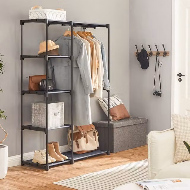 SONGMICS Freestanding Industrial Wardrobe with Internal Shelves and Hanging Rod, Grey