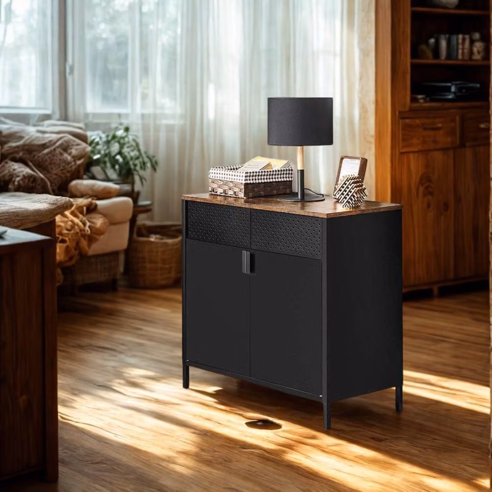 Pirlo Plush Industrial Multipurpose Floor Sideboard Buffet Cabinet in Brown and Black – 4