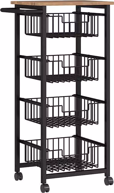 HOMCOM Mobile Kitchen Island Storage Cart with 4 Baskets and Brakes in Oak and Black Finish – 1