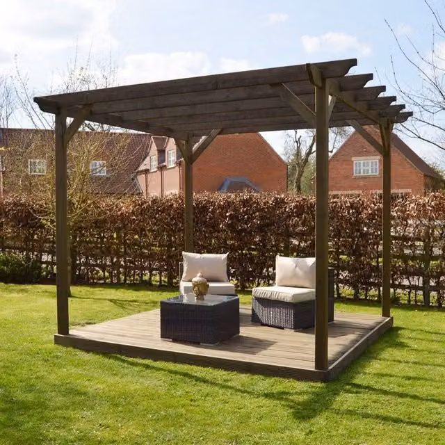 Rutland County Garden Furniture Ltd Garden Pergola and Decking Kit in Wood, Brown and Green, W: 420 cm, D: 420 cm, H: 270 cm