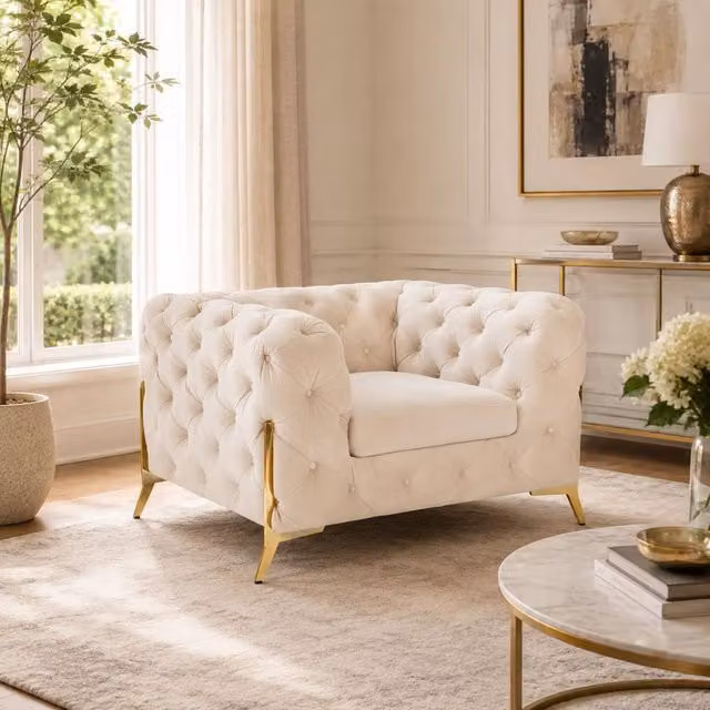 Stratus Interiors Beige Plush Velvet 1 Seater Italian Chesterfield Sofa – 1