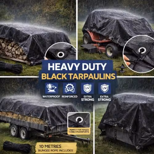 SolaDirect Heavy Duty Black Waterproof Tarpaulin with Bungee Rope, 5 x 5 m, 235 GSM – 3