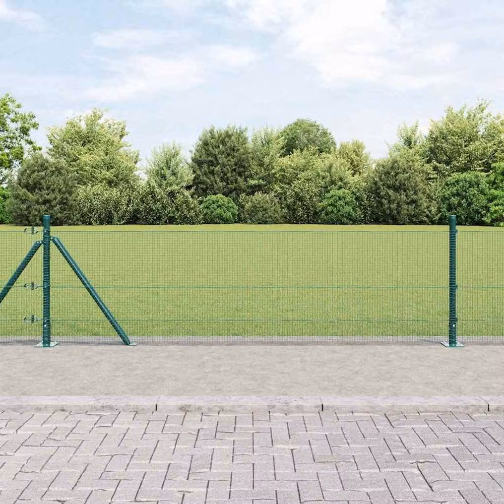 Berkfield Home Green PVC Coated Steel Welded Wire Fence with 13 Round Flanged In-Ground Posts, W/H: 0.4 x 100 m – 1