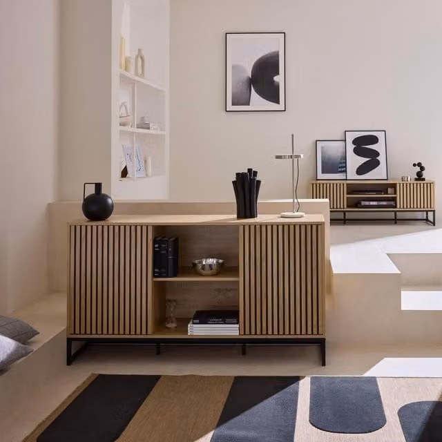 sweeek Contemporary Sideboard with 2 Doors in Light Brown and Black, W: 140 cm – 1