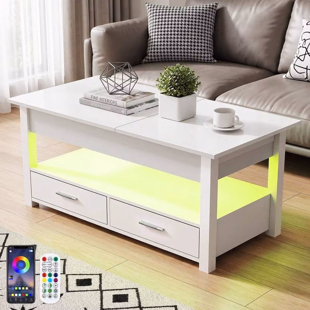 KORVIXA White 4-in-1 LED Lift Top Convertible Coffee Table with Drawers, W: 100 cm, D: 100 cm – 4