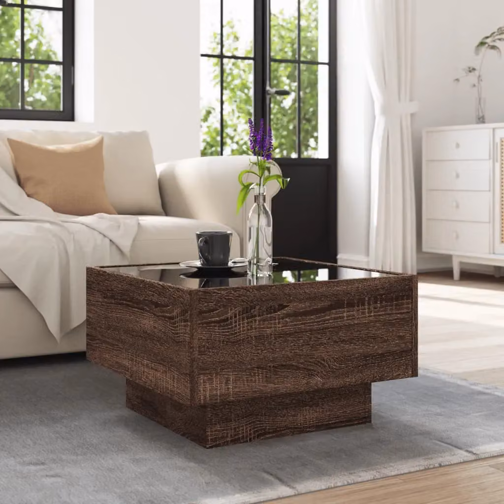 Berkfield Home Modern Square Coffee Table with LED in Brown Oak, W/D/H: 50 x 50 x 30 cm – 3