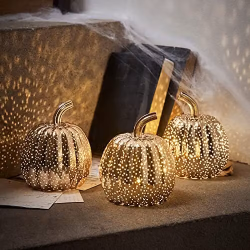Lights4fun Set of 3 Gold and White Mottled Glass LED Light Up Pumpkins for Autumn and Halloween Decoration – 4