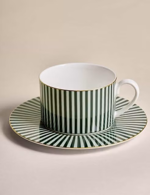 M&S Hampton Green Striped Bone China Coffee Cup and Saucer Set