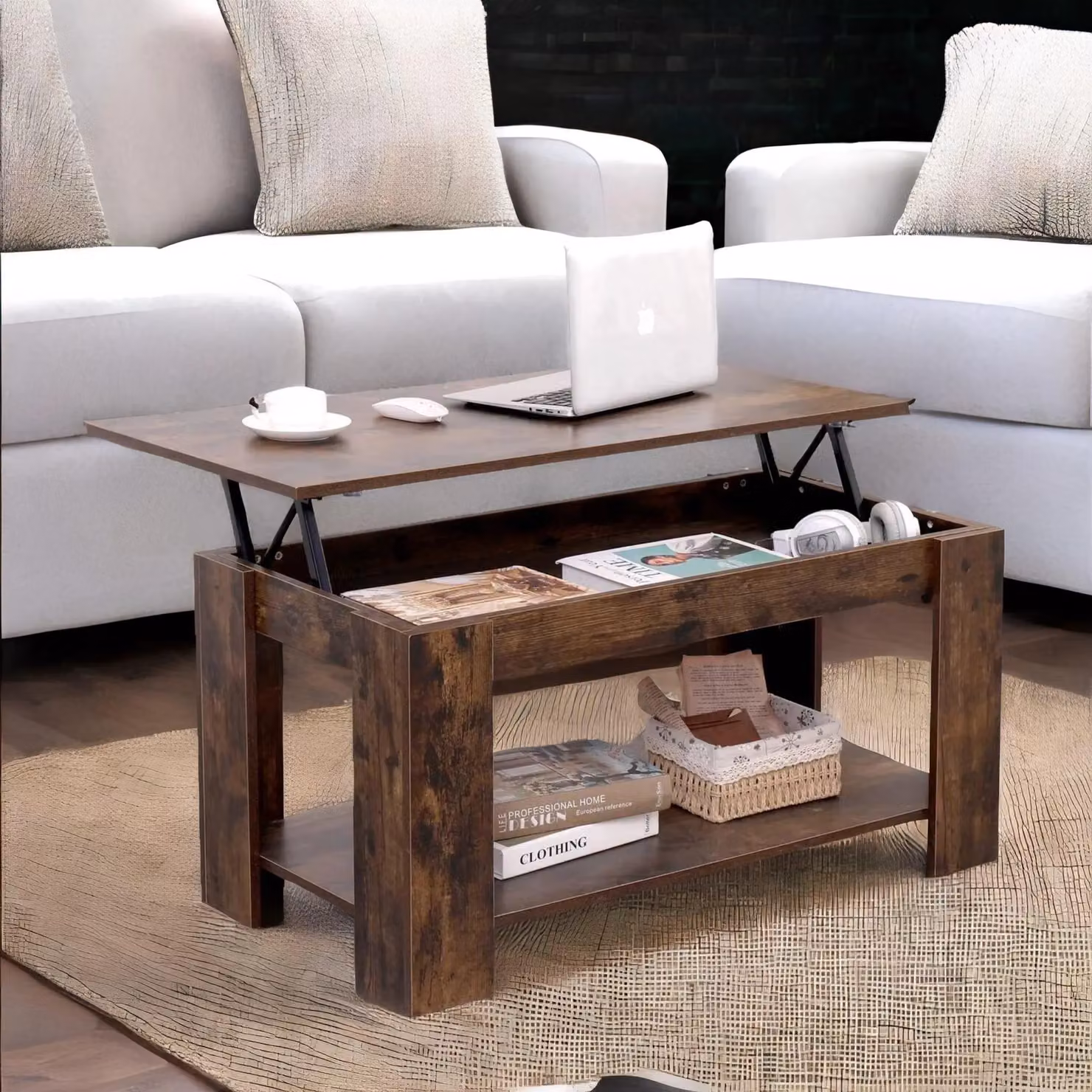 Rafaelo Mobilia Industrial Dark Brown Lift Top Coffee Table with Hidden Storage – 2