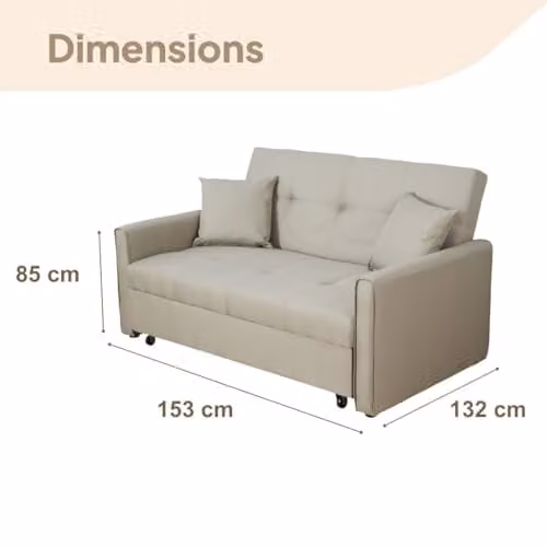 Home Source Modern Click-Clack Two Seater Upholstered Fabric Sofa Bed in Beige or Grey, W/D/H: 153 x 85 x 132 cm – 2
