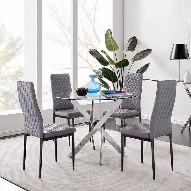 FurnitureboxUK Novara Round Glass Dining Table and 4 Grey Velvet Milan Chairs with Black Legs – 1