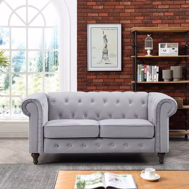 Artemis Home Pelham 2 Seat Chesterfield Sofa in Grey Velvet Fabric, Width: 158 cm