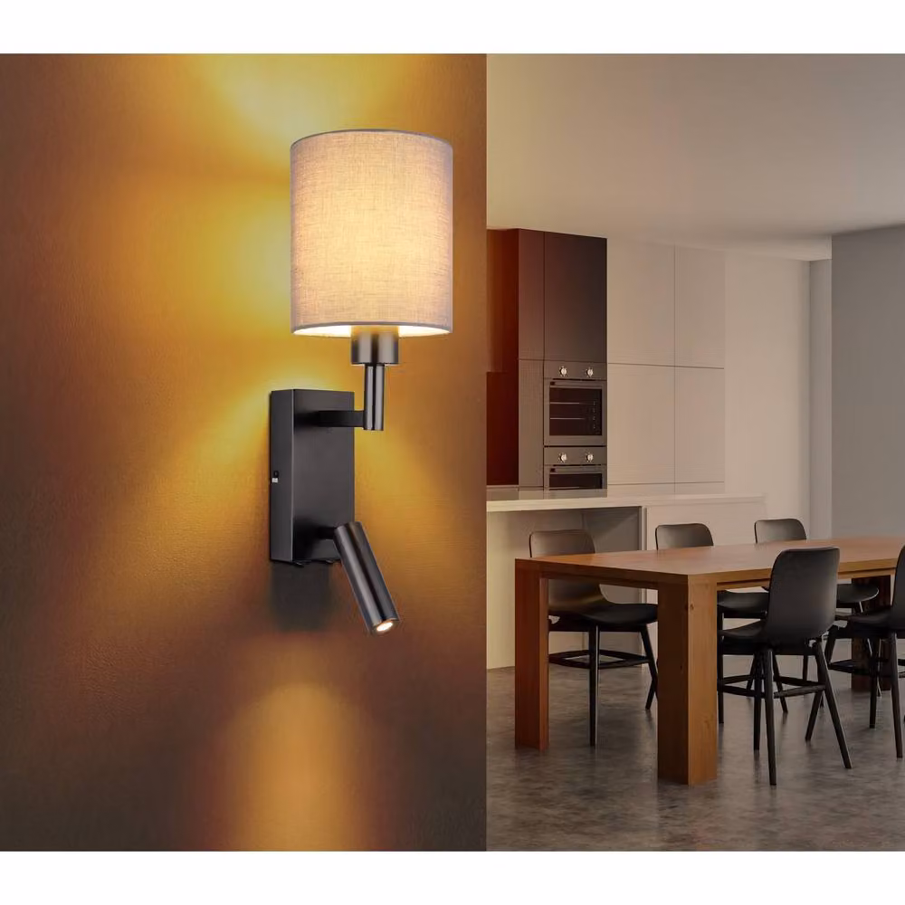 Netlighting Zamora Reading Wall Light in Matt Gunmetal with Grey Textile Shade, E27 – 2