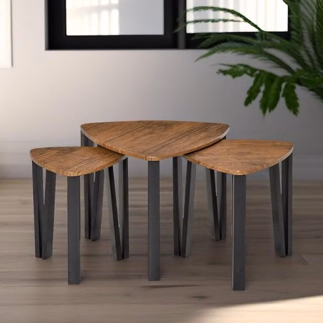 Pirlo Plush Set of 3 Industrial Nesting Tables in Brown with Rounded Triangular Tops