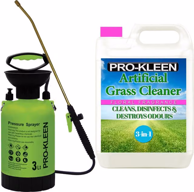 Pro-Kleen 3L Manual Pressure Sprayer with 5L Artificial Grass Cleaner in Pink and Green