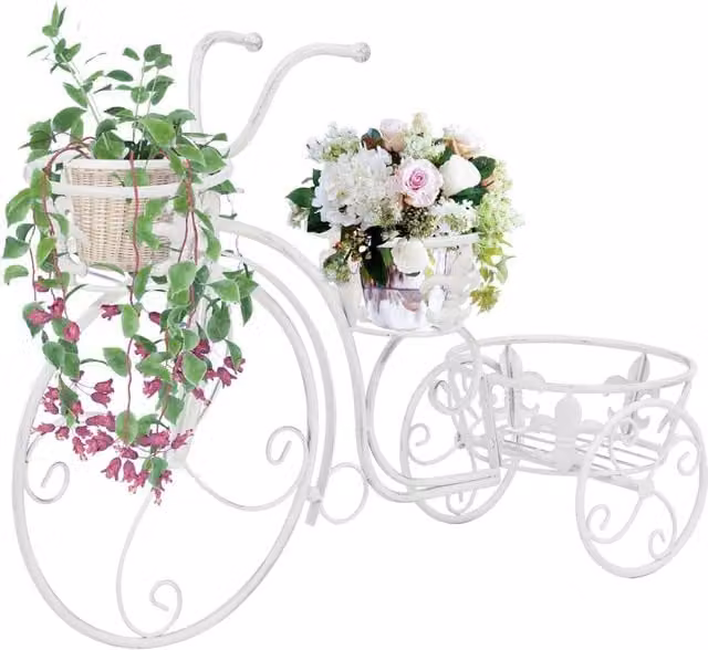 Berkfield Home Vintage Style Metal Bicycle Plant Stand in White, H 77 cm x W 50 cm x D 3 cm