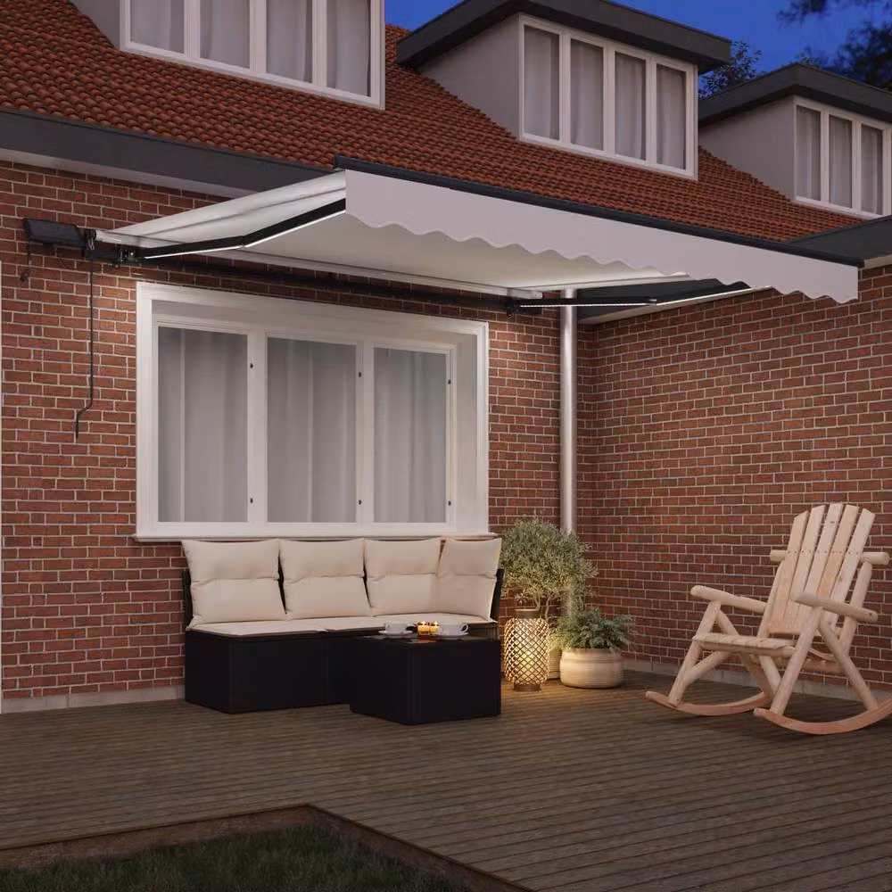 Berkfield Home Manual Retractable Folding Arm Awning with LED in White, W: 350 cm, D: 250 cm – 3