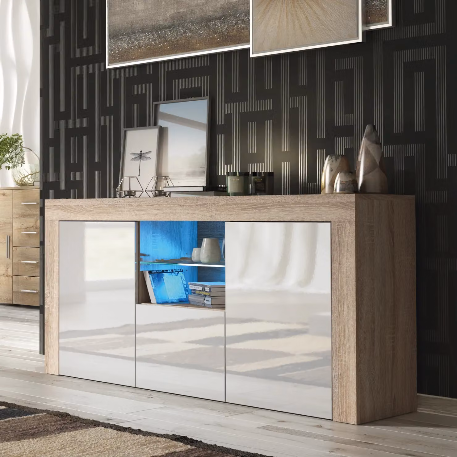 Creative Furniture Aurora Sideboard in Light Oak with White Gloss Doors and Integrated LED Lighting, Width: 145 cm – 4