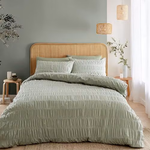 Catherine Lansfield Seersucker Single Duvet Cover and Pillowcase Set, Green, W/D/H: 135 x 200 cm and 50 x 75 cm – 1