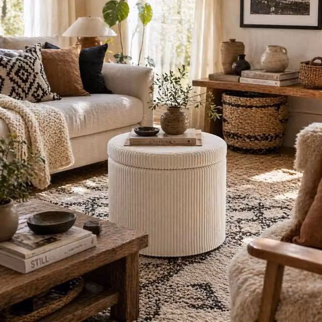 Wyld Haus Rokael Round Beige Corduroy Storage Ottoman with Removable Lid – 1