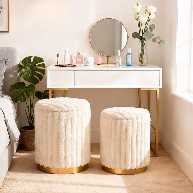Costway Modern Set of 2 Cylindrical Fabric Ottomans with Detachable Lids in Cream White – 1