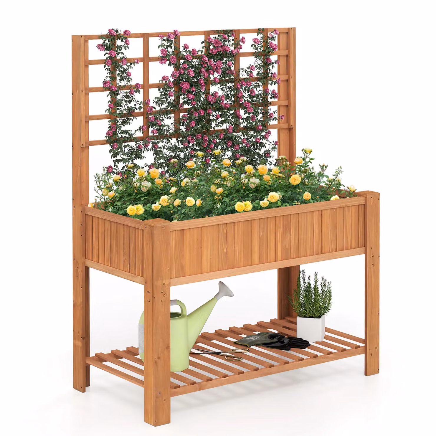 Gymax Wooden Elevated Planter Box with Trellis and Shelf in Brown, W/D/H: 150 x 59 x 109 cm – 3