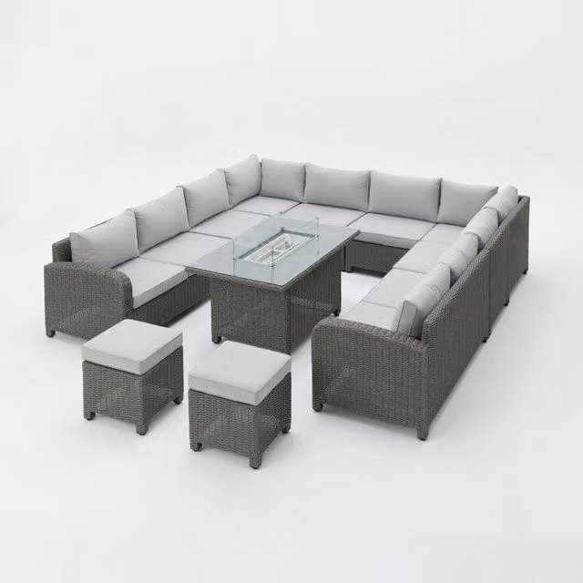 Segrada U-Shaped Polyrattan Garden Furniture Set in Grey with Fire Pit Table and Matching Ottoman for 9 Adults