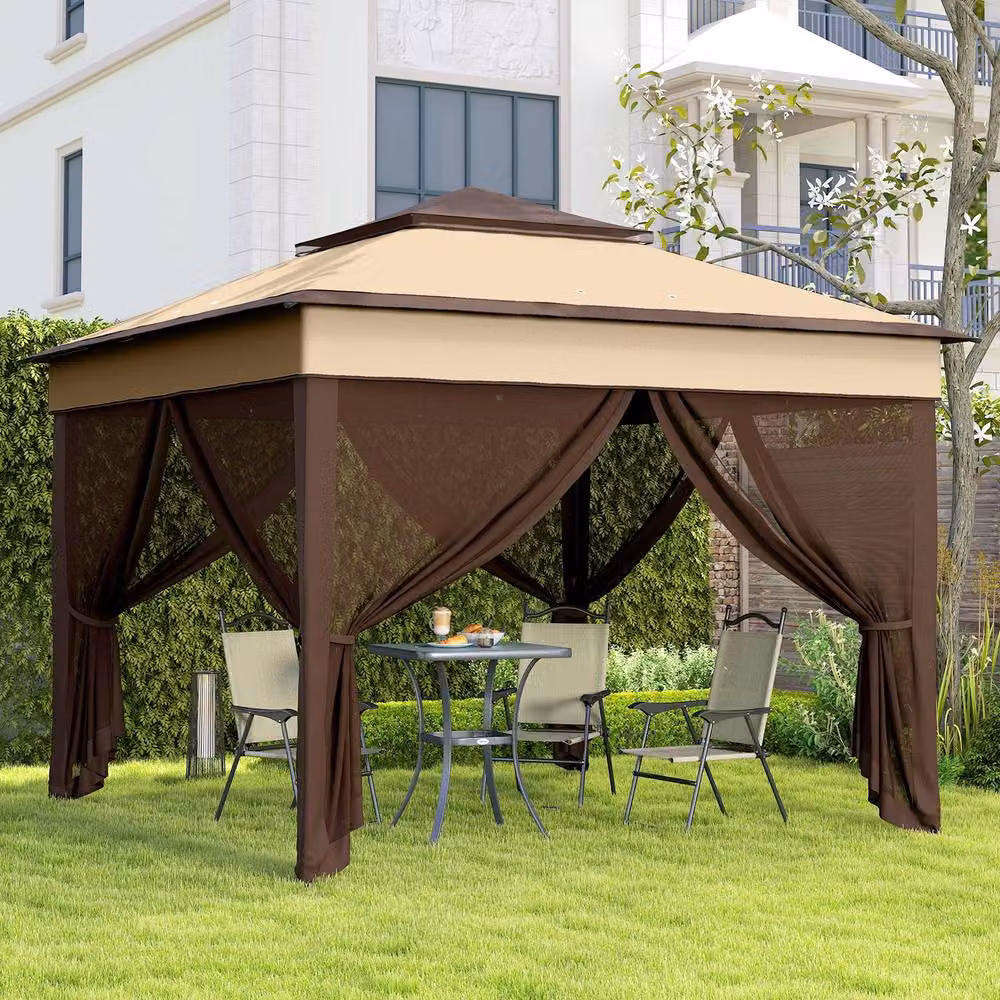 Outsunny Pop Up Gazebo with Netting and Carry Bag, Beige and Brown, W: 300 cm, D: 300 cm, H: 252 cm – 10