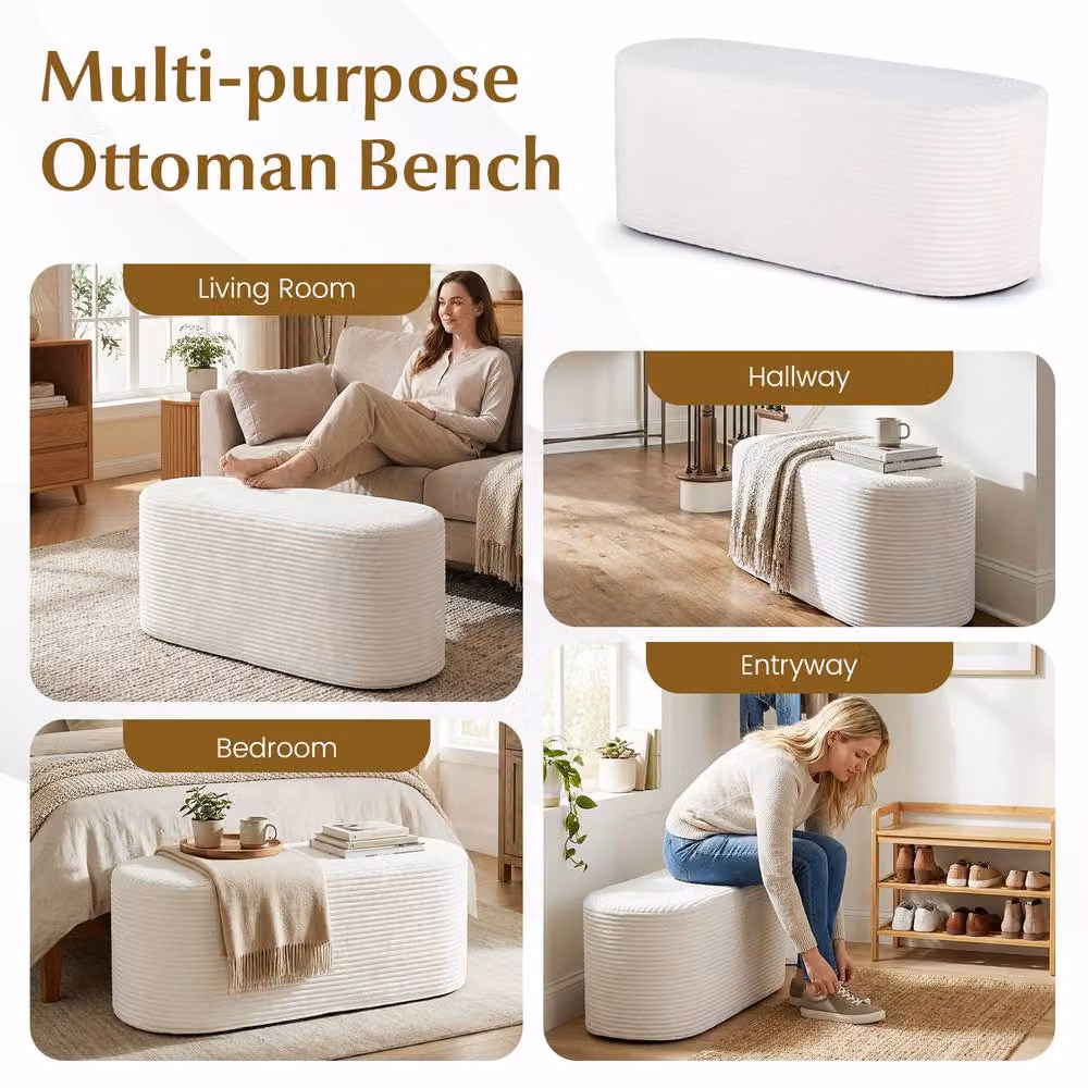 Costway Modern Oval Upholstered Ottoman Bench in White – 4