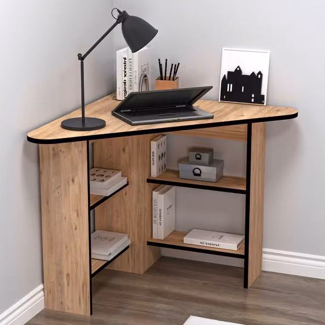 Destina Home Modern Corner Computer Desk with Shelves in Black, Orange and Brown