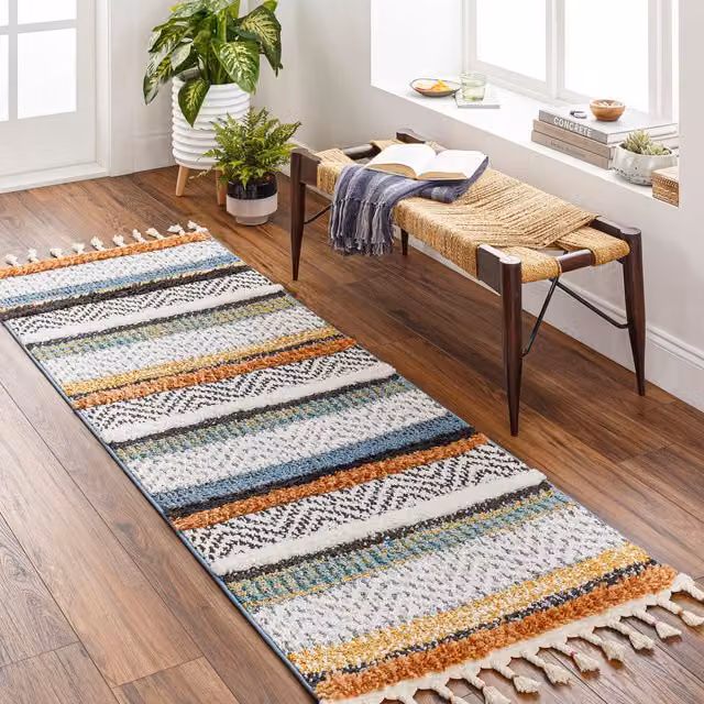 Livabliss Lofty-Shaggy Vintage Boho Plush Soft Pile Fringe Rug in Multicolour (White, Black, Yellow) W: 200 cm, D: 275 cm – 1