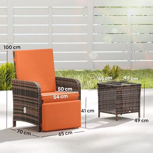 Outsunny 3 Piece Rattan Garden Bistro Set with Adjustable Backrests in Orange – 6