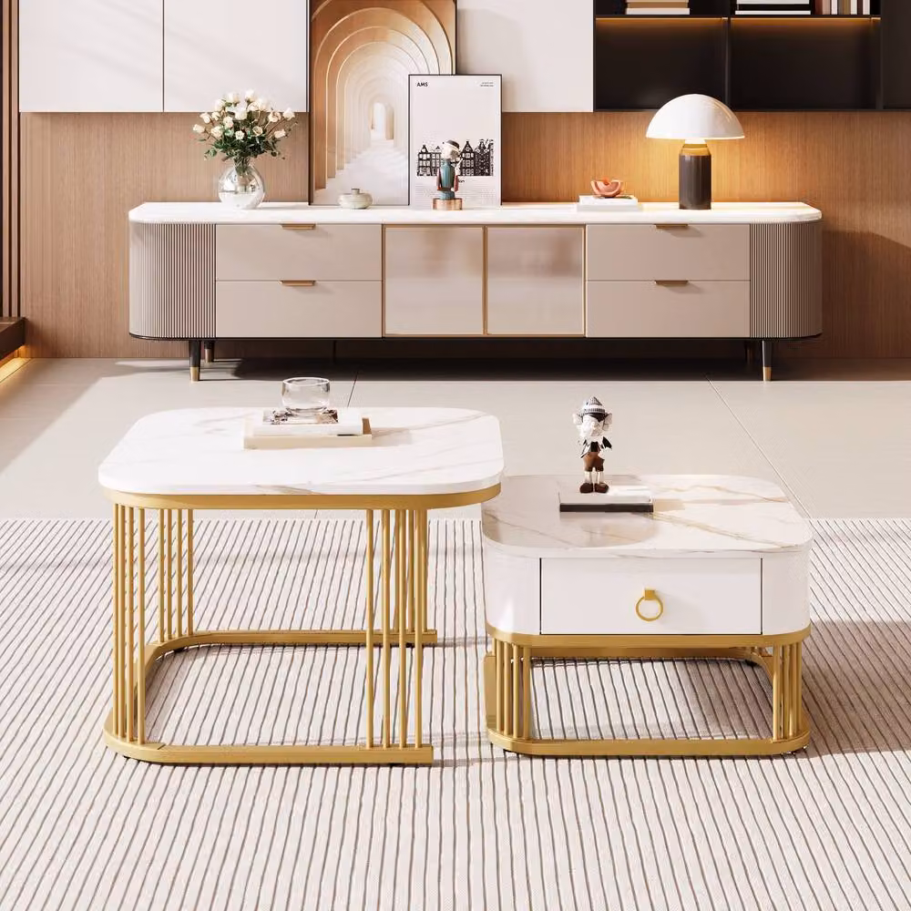 ModernLuxe Nestable Coffee Table Set of 2 with Drawer in White and Gold – 5
