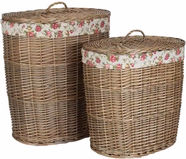 Red Hamper Set of 2 Antique Wash Garden Rose Oval Wicker Laundry Baskets with Cotton Linings and Handles in Brown and Red