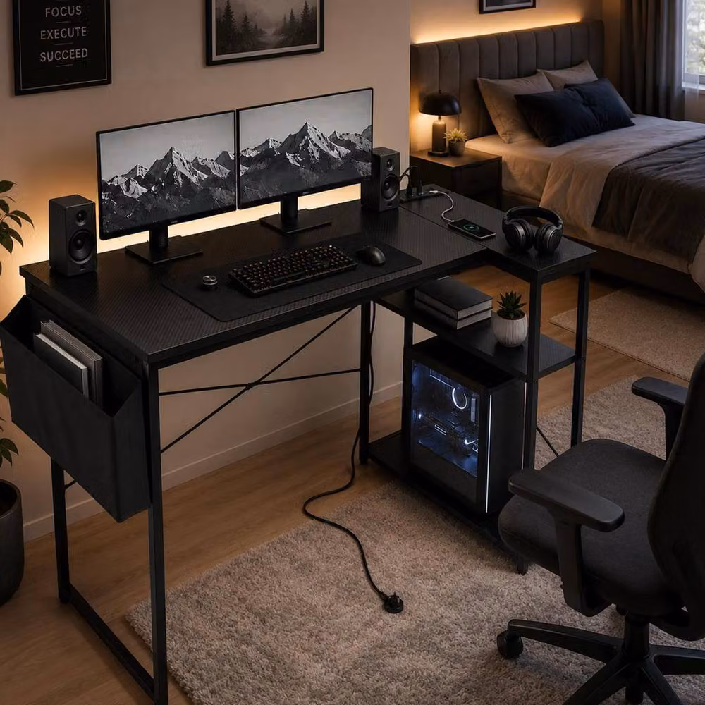 House of Home Reversible L-Shaped Carbon Fibre Gaming Desk with Built-In Sockets, Black – 4