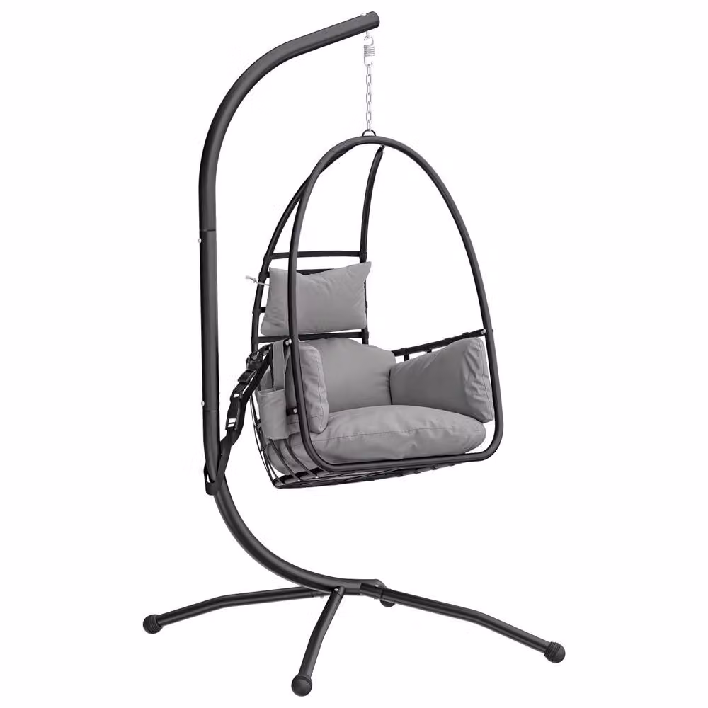 Outsunny Hanging Egg Chair with Stand and Cushions, Dark Grey Rattan and Metal Lounge Chair – 2