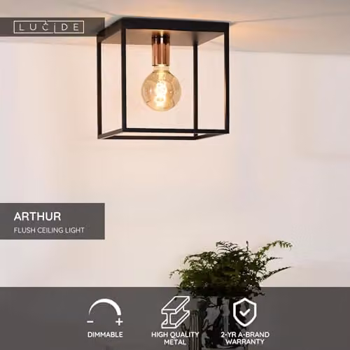 Lucide Arthur Dimmable Modern Flush Ceiling Light in Black and Copper with E27 Socket – 2