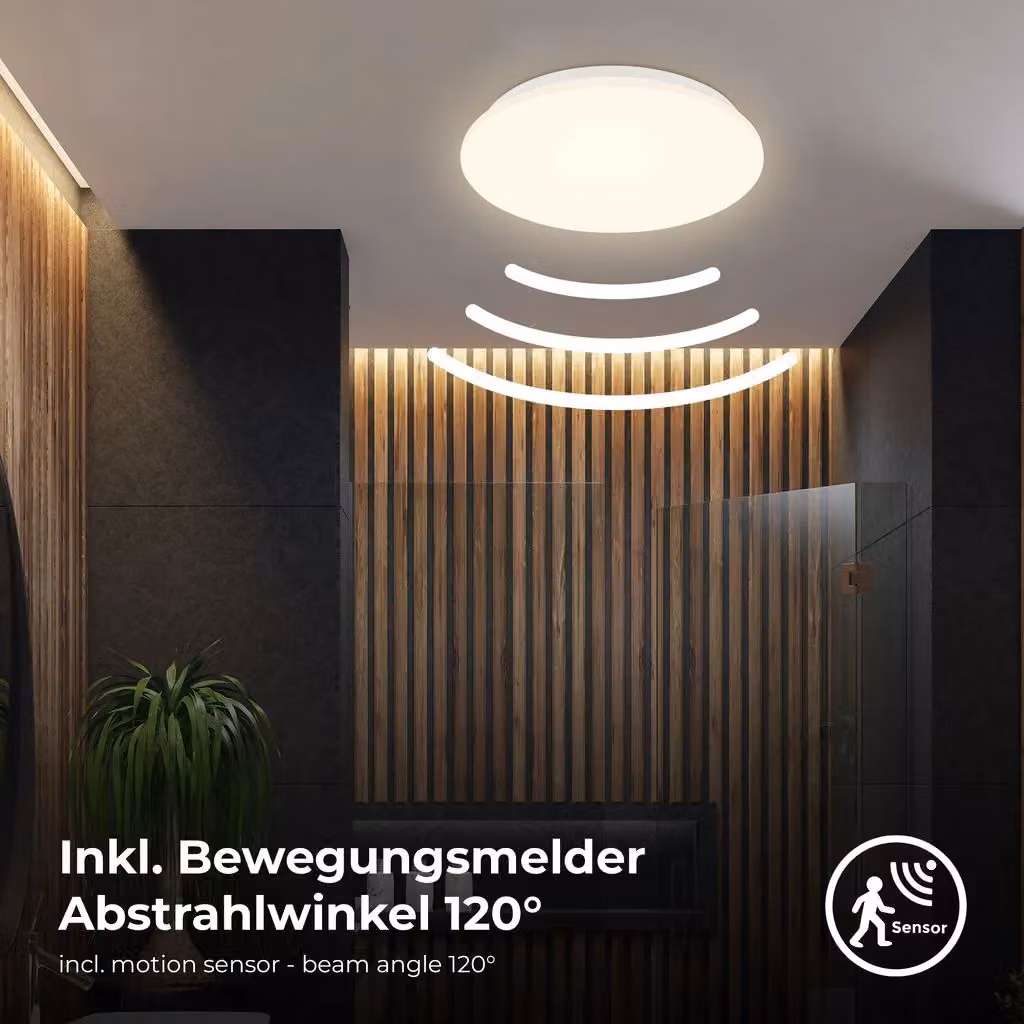 B.K.Licht White Round LED Ceiling Light with Motion Sensor, Warm White, IP44 Rated – 3