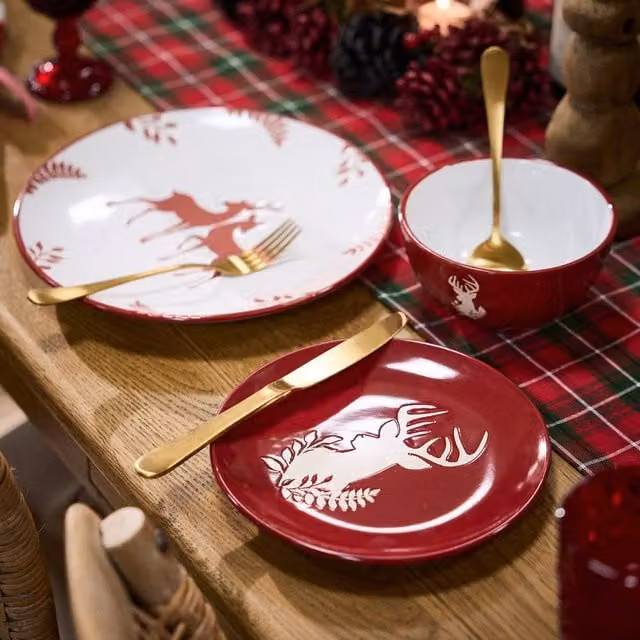Dibor 6 Piece Red and White Reindeer Christmas Ceramic Dinnerware Set for 2 Adults – 1