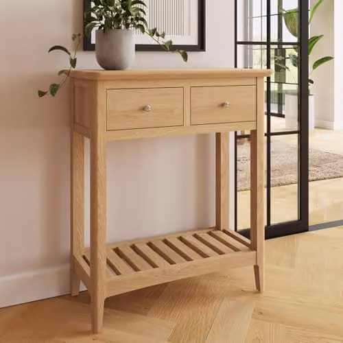 FWStyle Hudson 2 Drawer Console Table in Natural Ash with Storage Shelf and Metal Knobs, W/D/H: 80 x 30 x 70 cm – 2