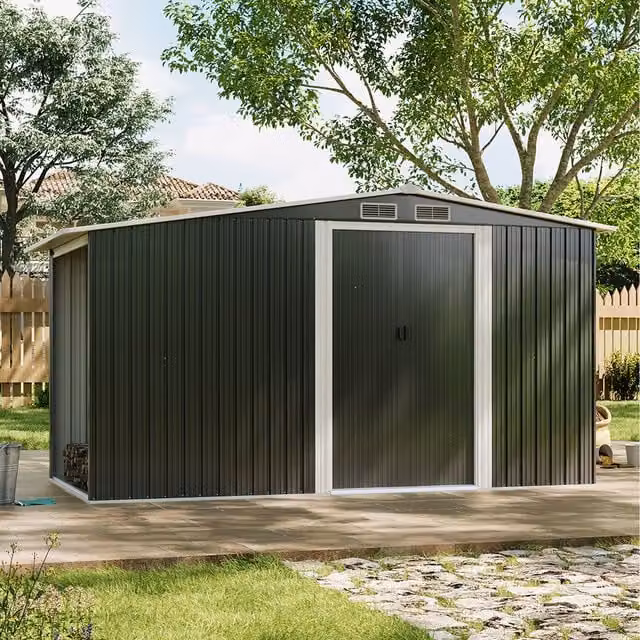 Livingandhome Salt Box Metal Pent Garden Shed with Log Storage in Anthracite Grey