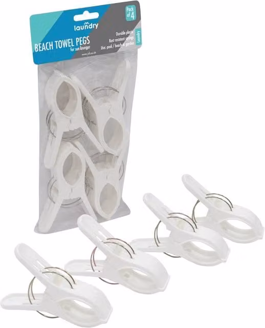 JVL Pack of 4 White Plastic Beach Towel Pegs – 1