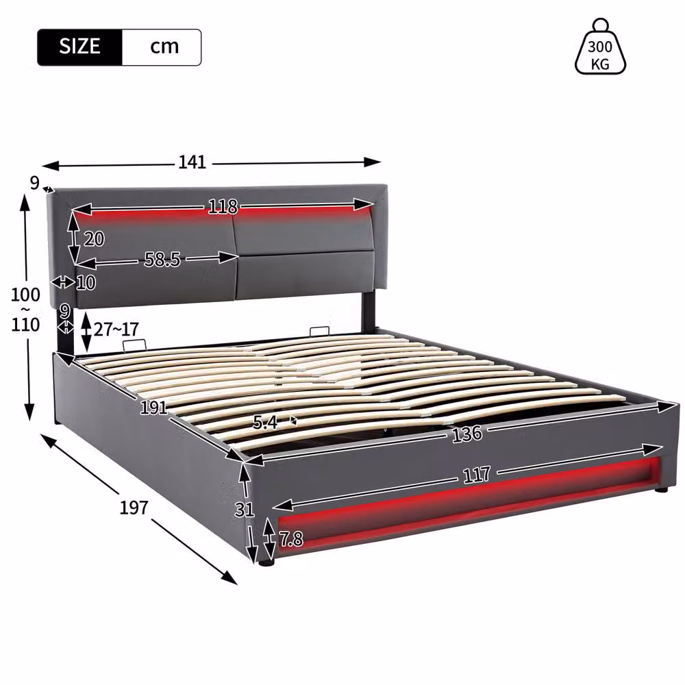Matteo Modern Upholstered Double Bed in Grey with USB Charging Port and Under-Bed Lighting, W: 135 cm, L: 190 cm – 4