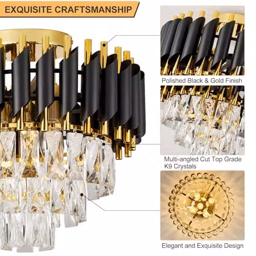 Harper Living Modern Crystal Ceiling Light with 3 Tiers in Black and Gold Finish – 5