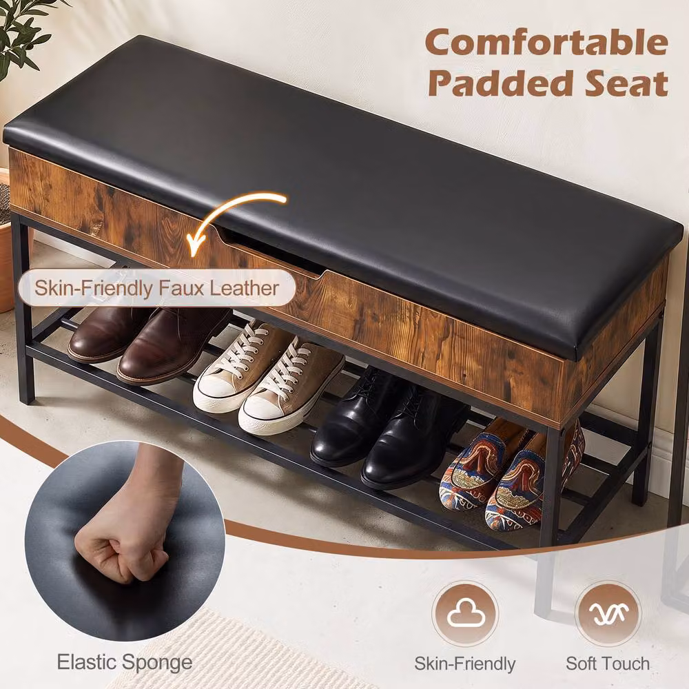 Gymax Brown Faux Leather Shoe Storage Bench with Lift Top and Shelf, Width: 100 cm – 5