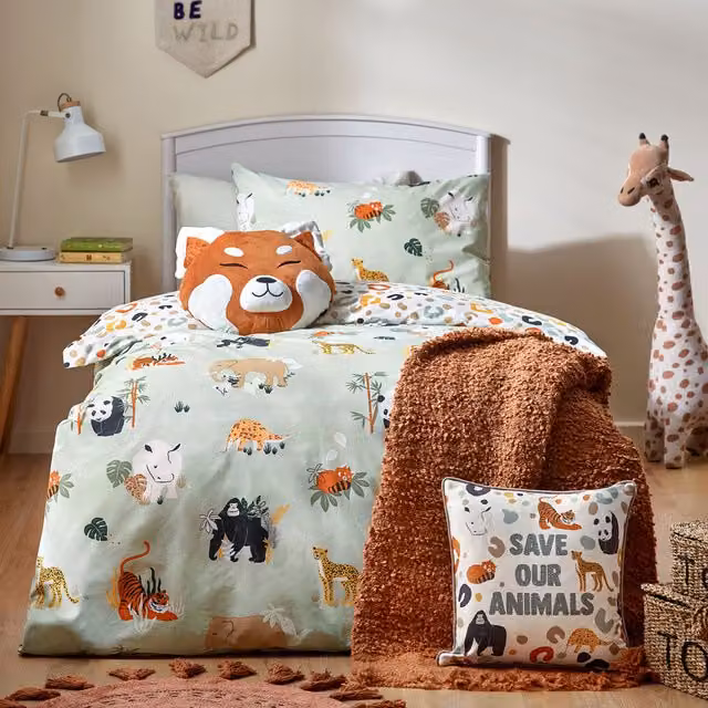 Make it a Home Reversible Wildlife Animal Graphic Childrens Duvet Cover Set, Multicolour/Green, W: 140 cm, L: 200 cm