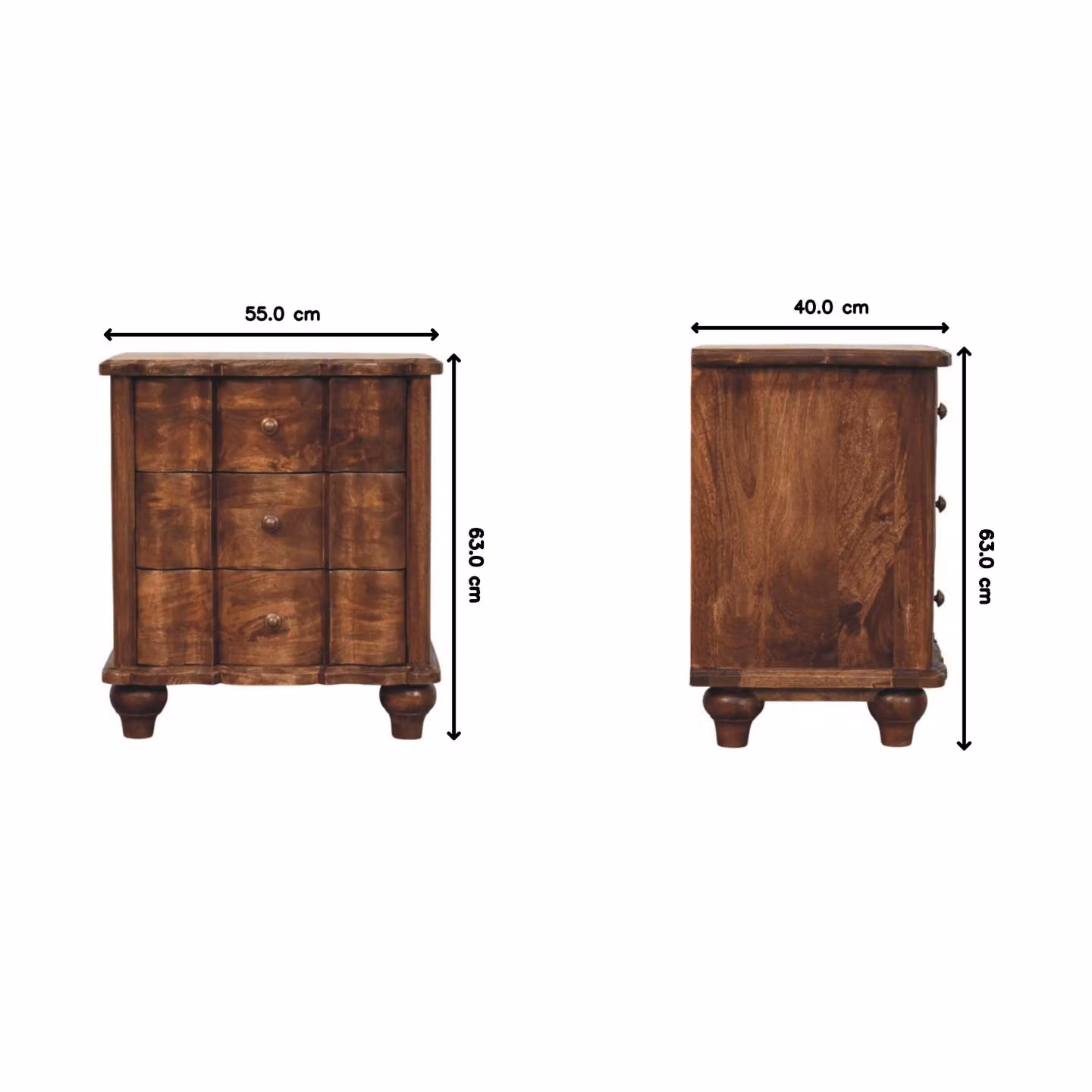Aosom UK Valencia Solid Mango Wood Bedside Table with 3 Drawers, Brown, W/D/H: 55 x 40 x 63 cm – 3