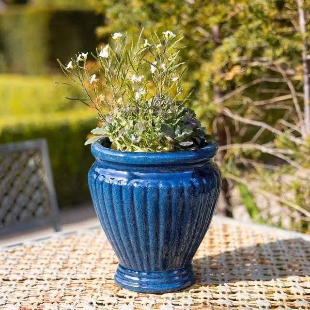 Primrose Rib Textured Glazed Terracotta Round Planter in Royal Blue, H 65 cm x W 55 cm x D 55 cm – 2